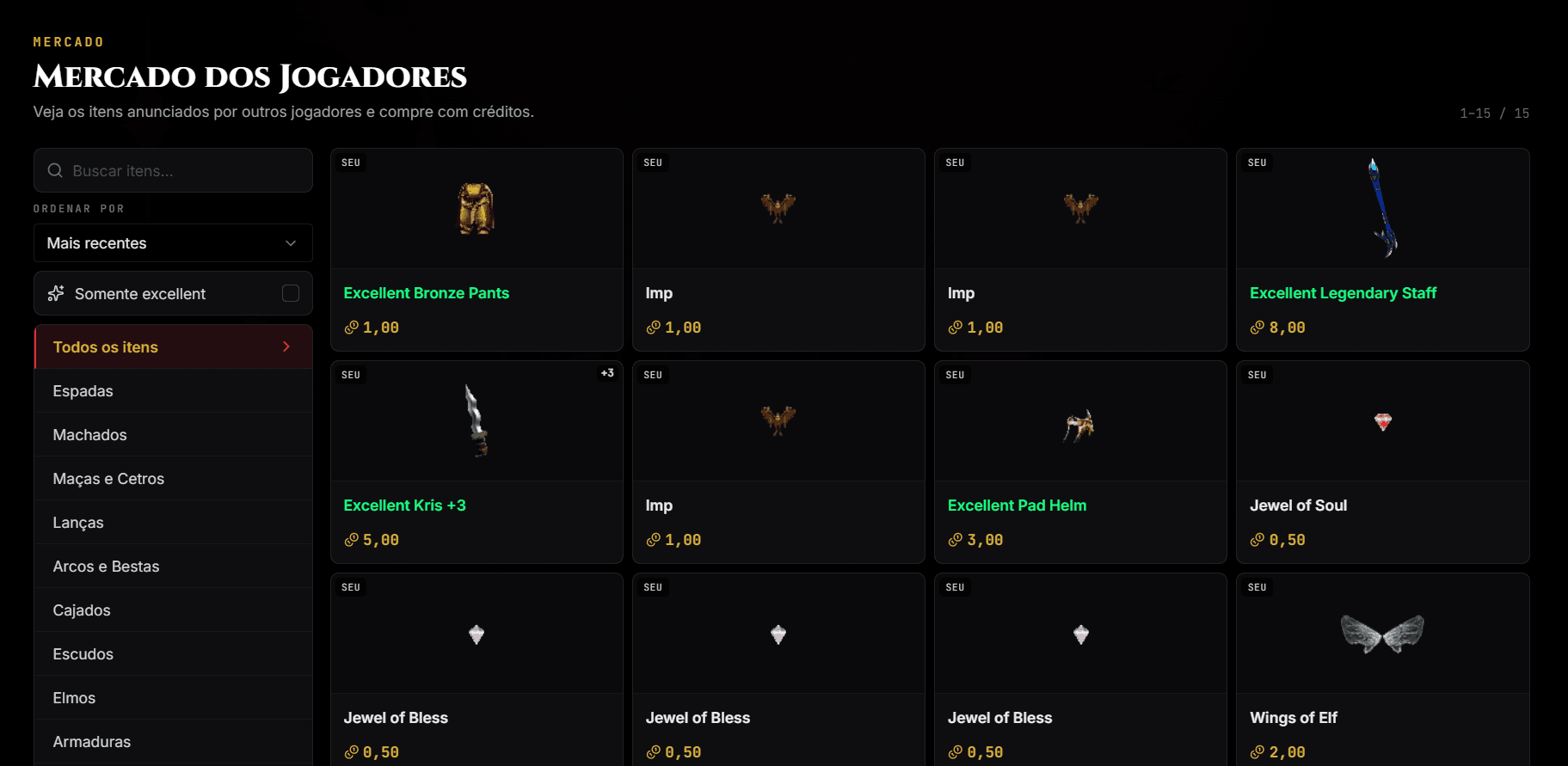 MU Lugard player market: items listed with prices in credits